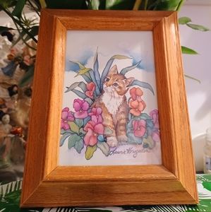 $49 VINTAGE Laurie Korsgaden WATERCOLOR PAINTING KITTEN in FlOWER GARDEN